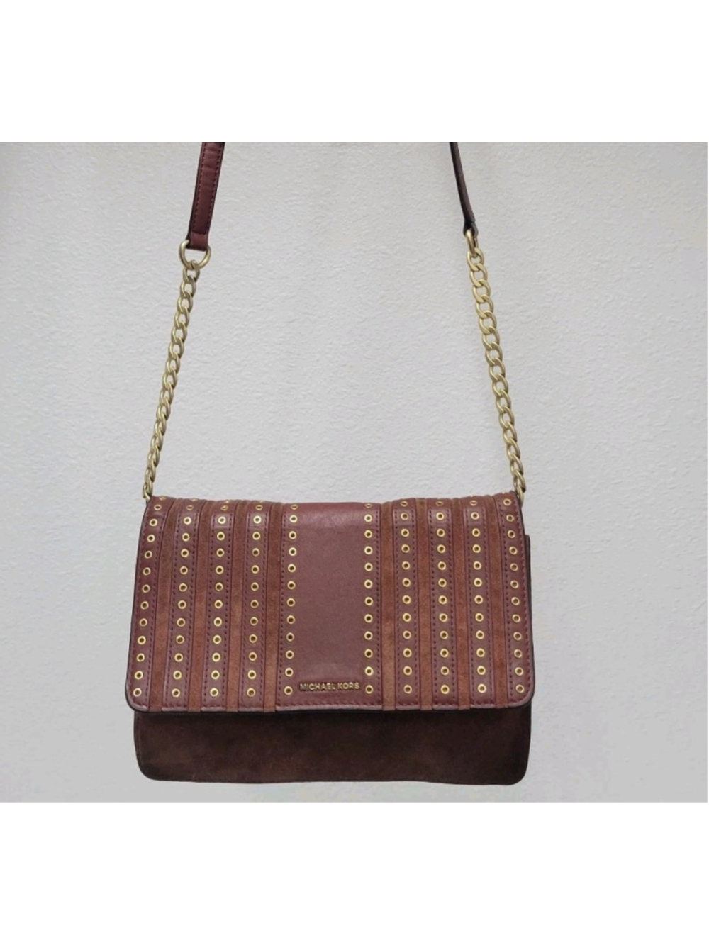 Michael Kors Women's Brooklyn Grommets Brown Leather Suede Crossbody Bag Pre-own